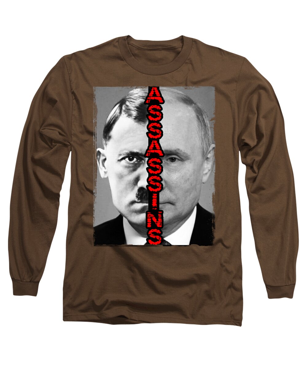 Coffee brown long-sleeve T-shirt with large square portrait graphic and red vertical text.