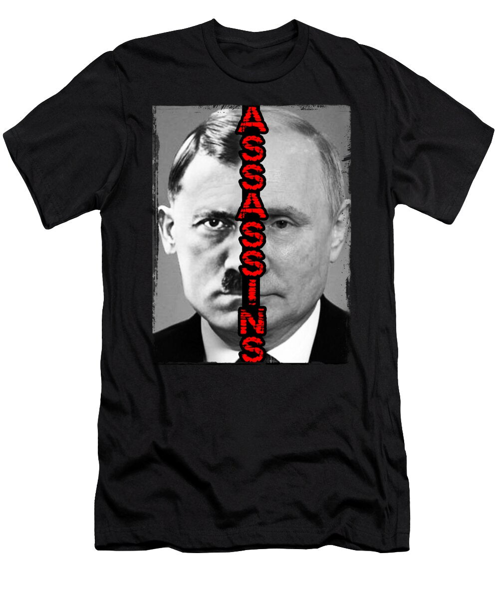 Black T-shirt with front portrait and vertical red-and-black text graphic