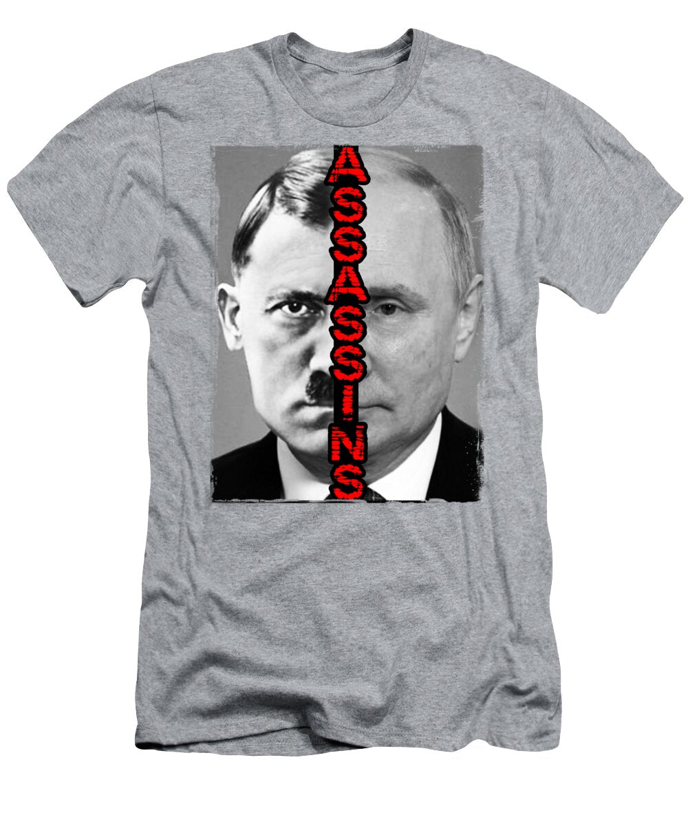 Heather gray T-shirt with front portrait and vertical red-and-black text graphic
