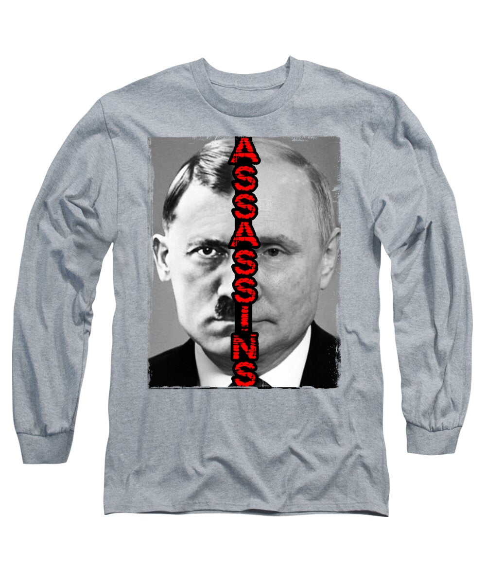 Heather gray long-sleeve T-shirt with large square portrait graphic and red vertical text.