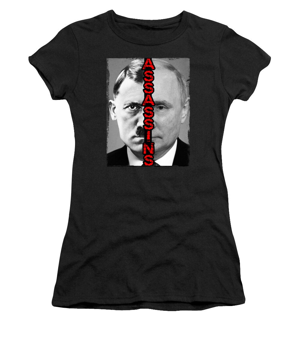 Women's black crewneck T-shirt with red/black portrait graphic print