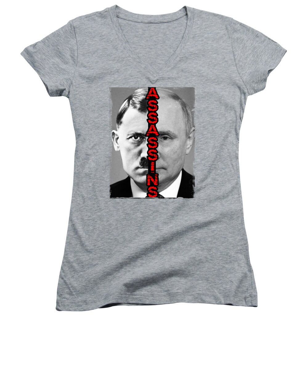 Heather gray women's V-neck T-shirt with square portrait graphic and vertical red Assassin text