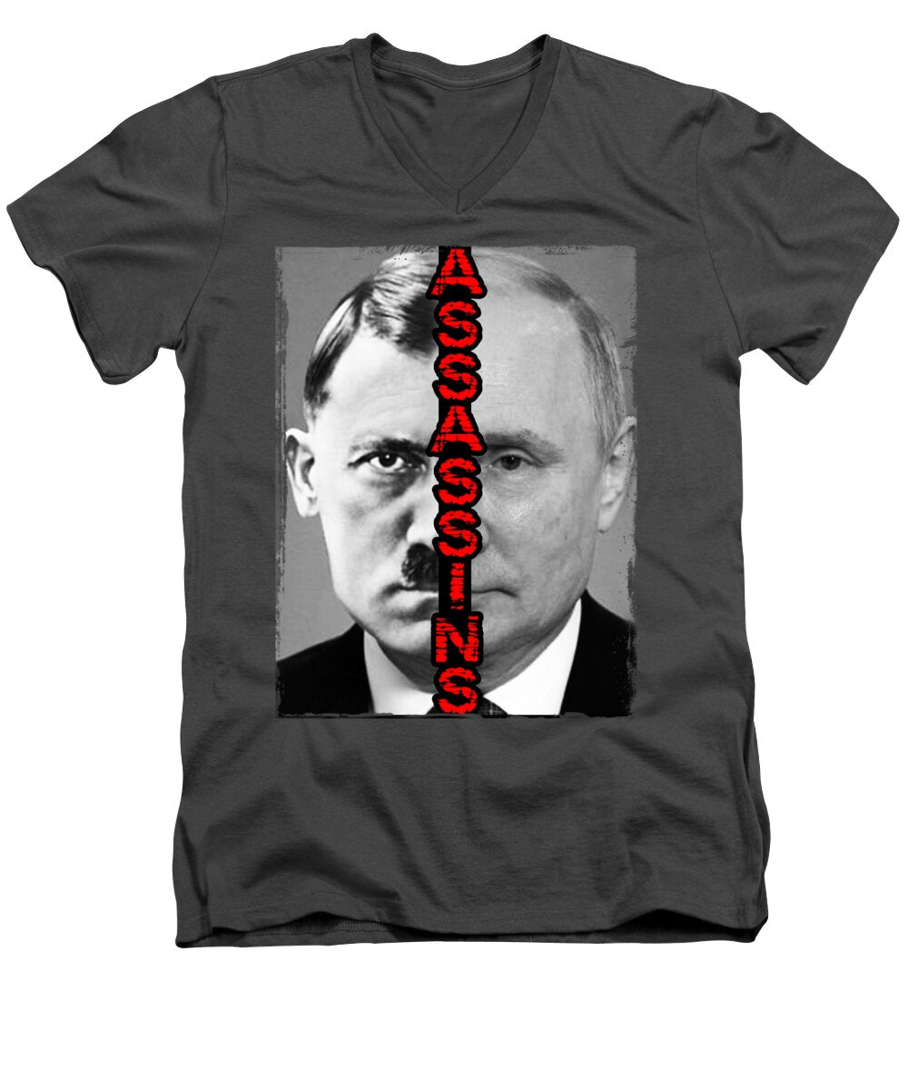 Men's V-neck T-shirt, charcoal, portrait graphic with red vertical text