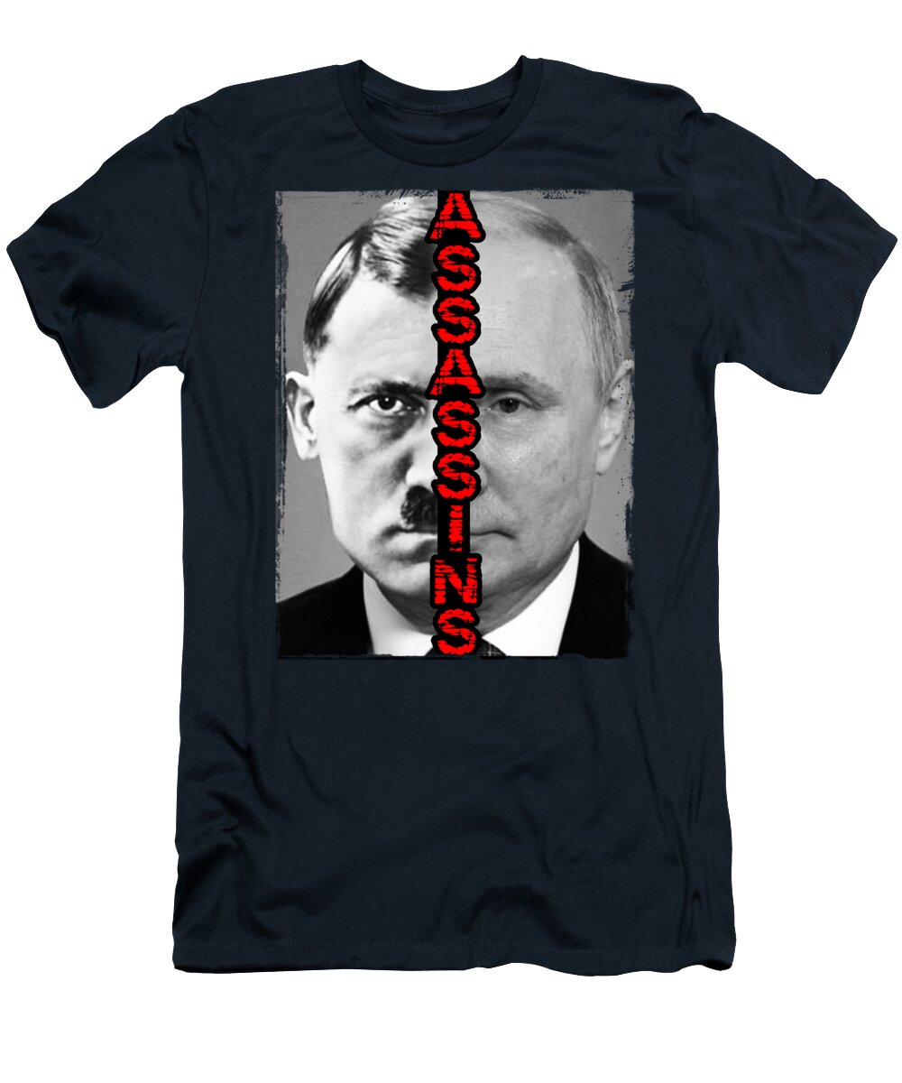 Navy T-shirt with front portrait and vertical red-and-black text graphic