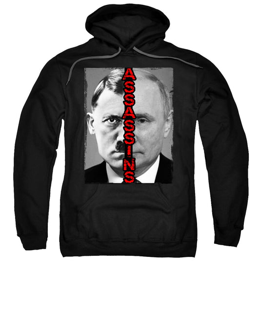 Black pullover hoodie sweatshirt with front graphic and kangaroo pocket.