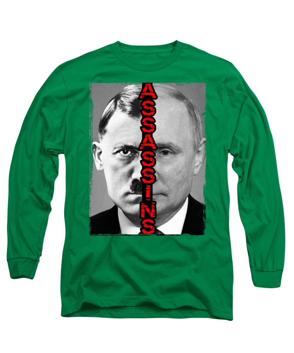Green long-sleeve T-shirt with large square portrait graphic and red vertical text.