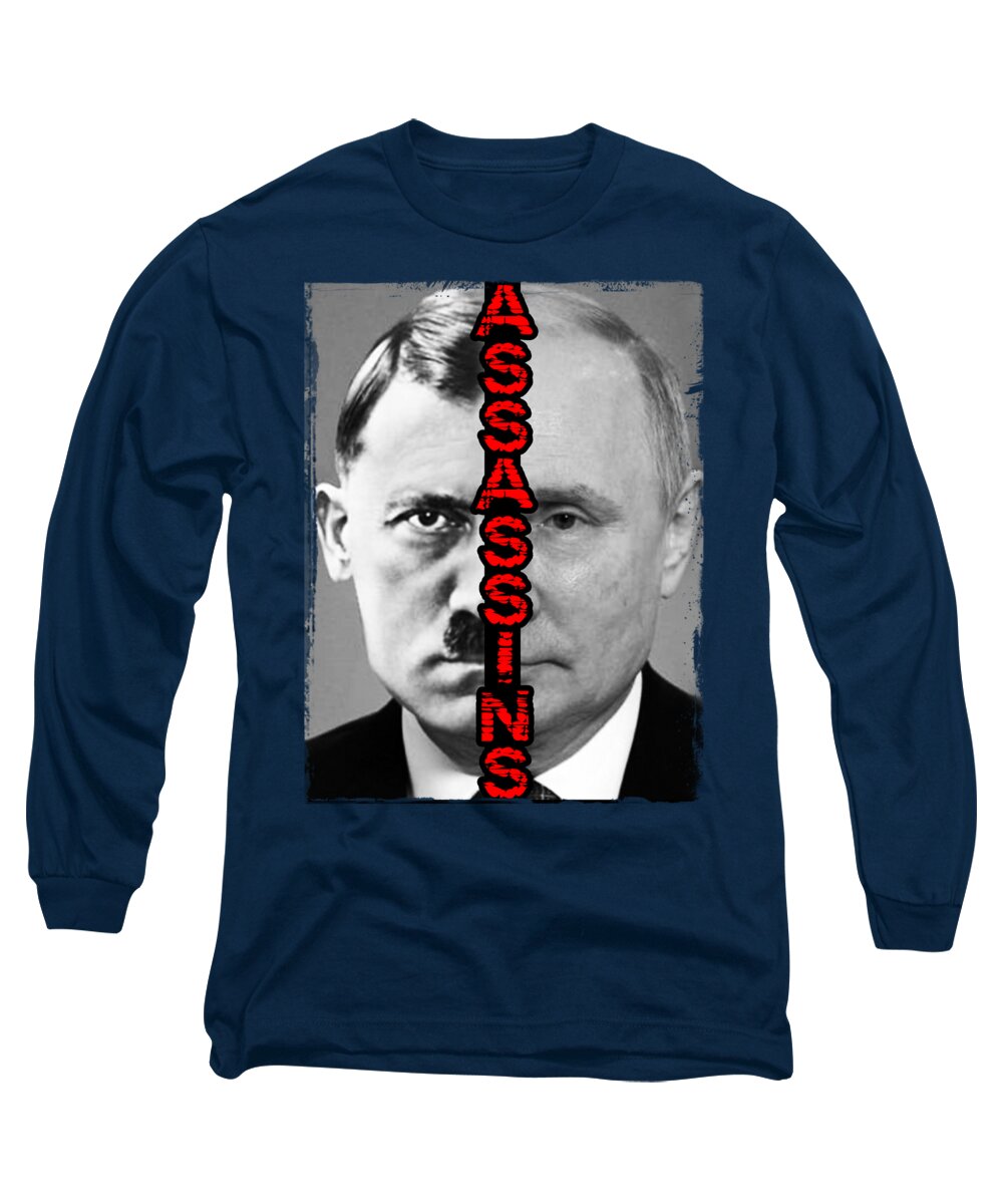 Navy long-sleeve T-shirt with large square portrait graphic and red vertical text.