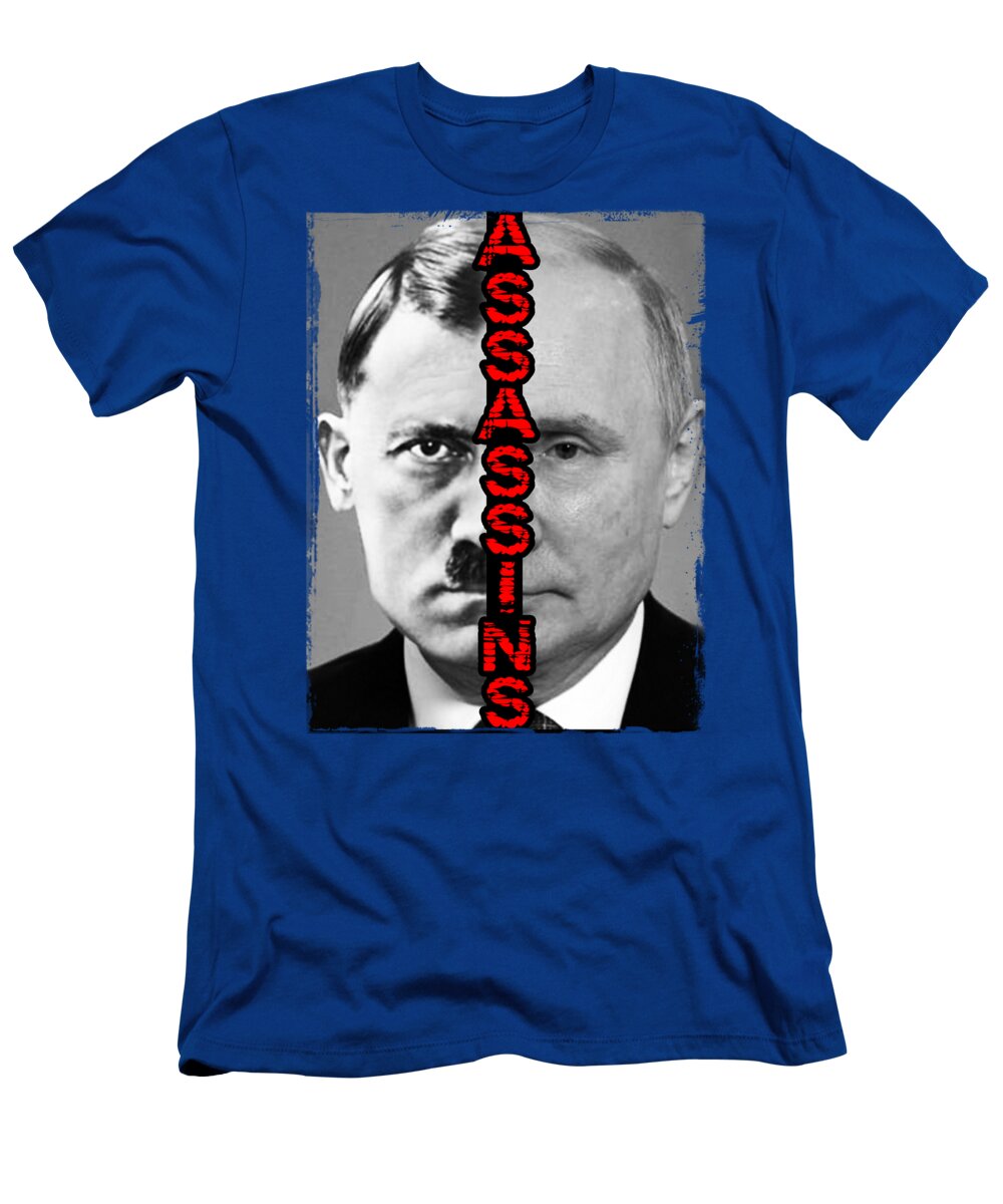 Royal blue T-shirt with front portrait and vertical red-and-black text graphic