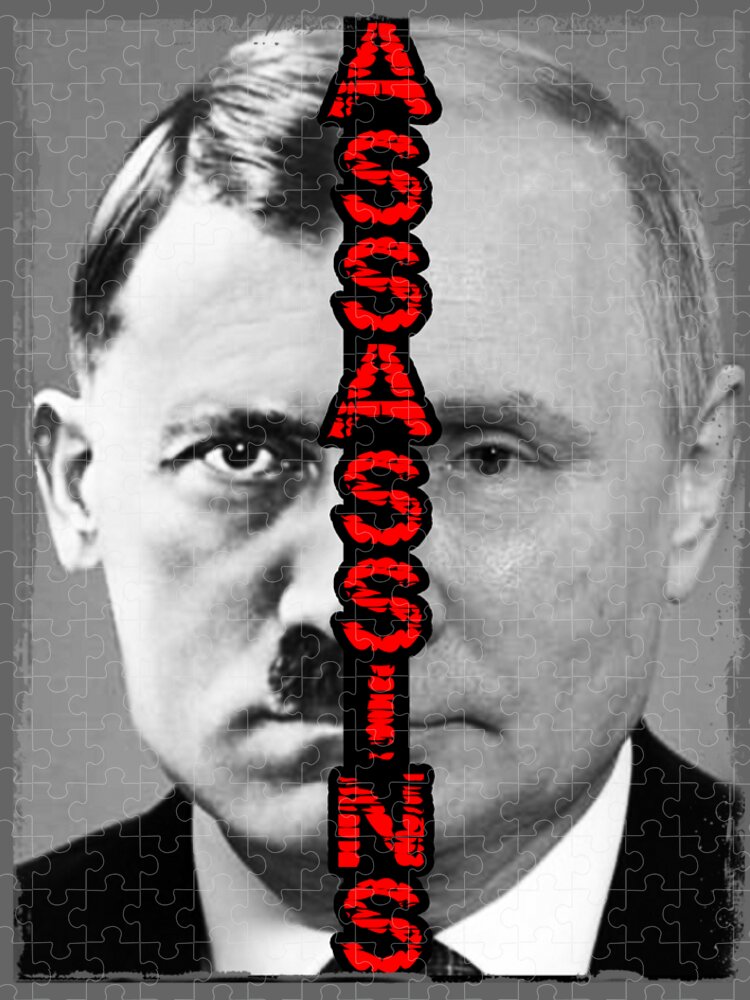 Jigsaw puzzle showing a close-up monochrome face with red vertical lettering