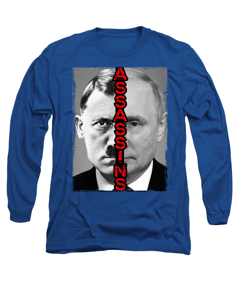 Royal blue long-sleeve T-shirt with large square portrait graphic and red vertical text.
