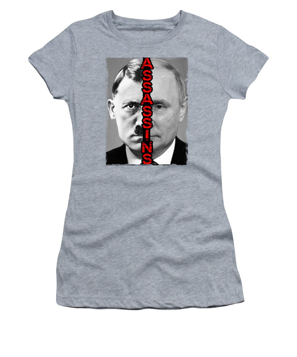Women's heather gray crewneck T-shirt with red/black portrait graphic print