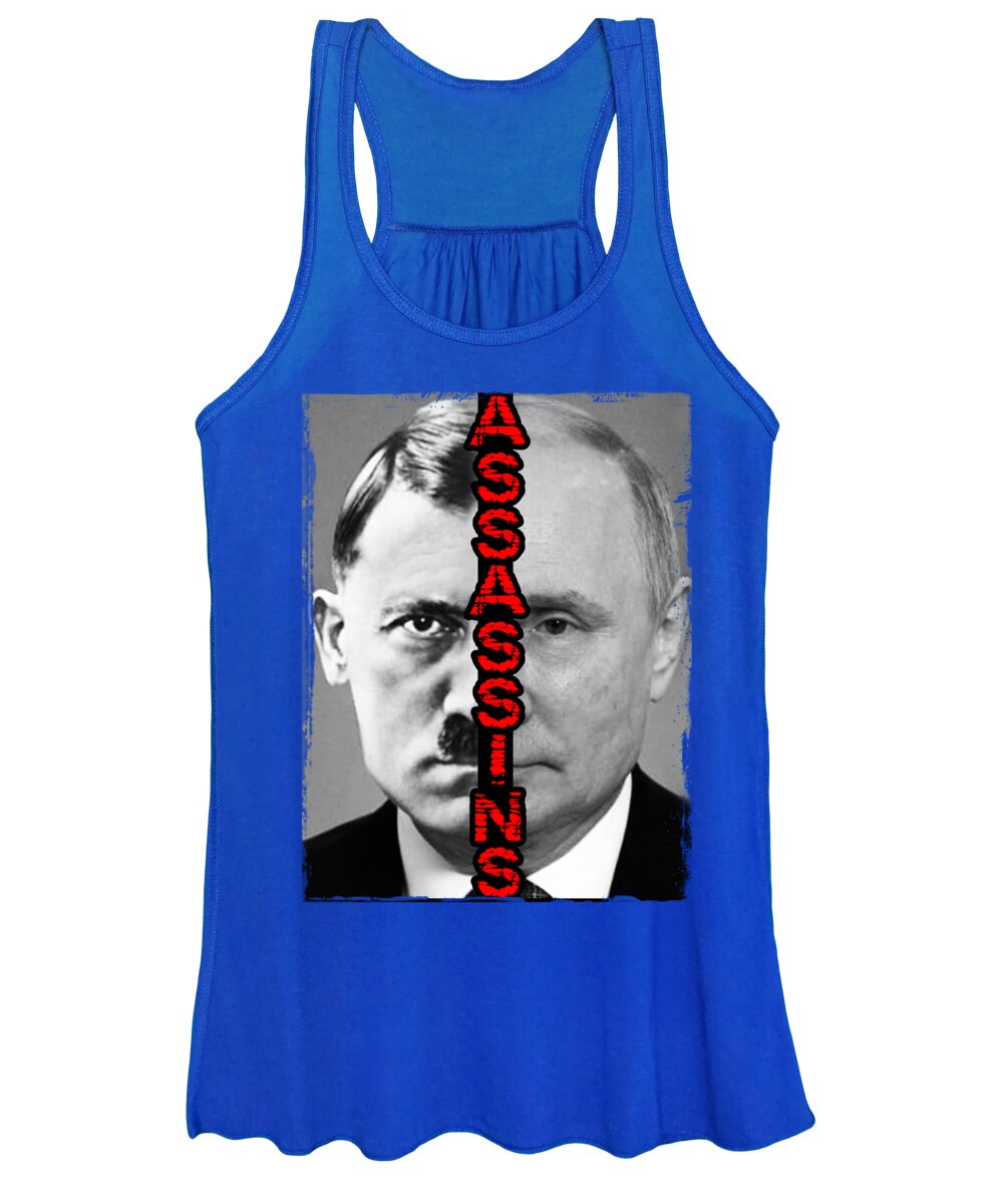 Women's royal blue graphic tank top with sleeveless scoop neck and front photo print