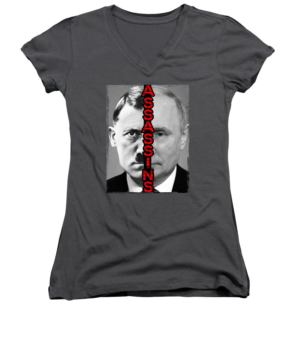 Charcoal women's V-neck T-shirt with square portrait graphic and vertical red Assassin text