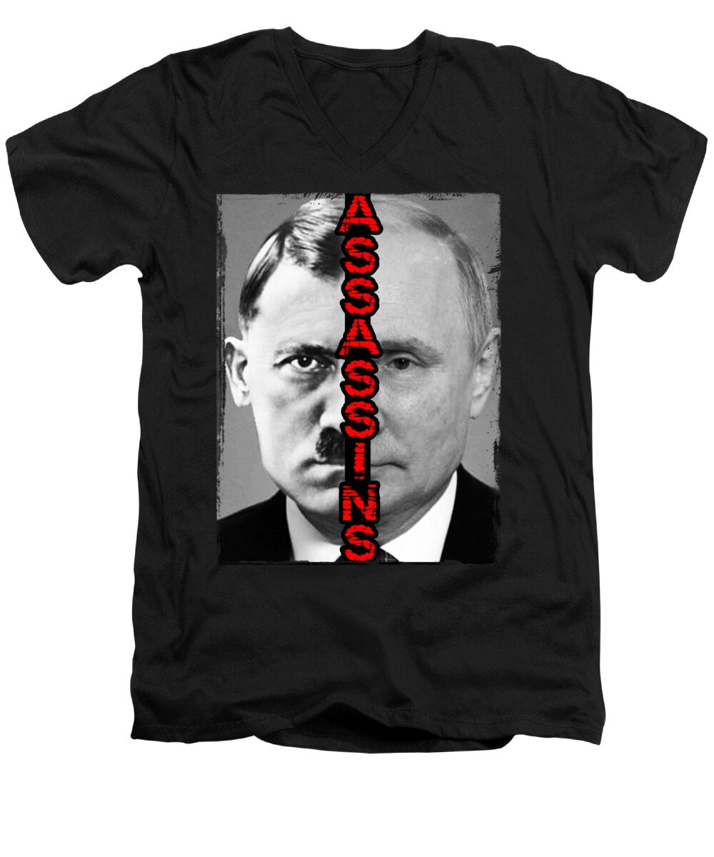 Men's V-neck T-shirt, black, portrait graphic with red vertical text