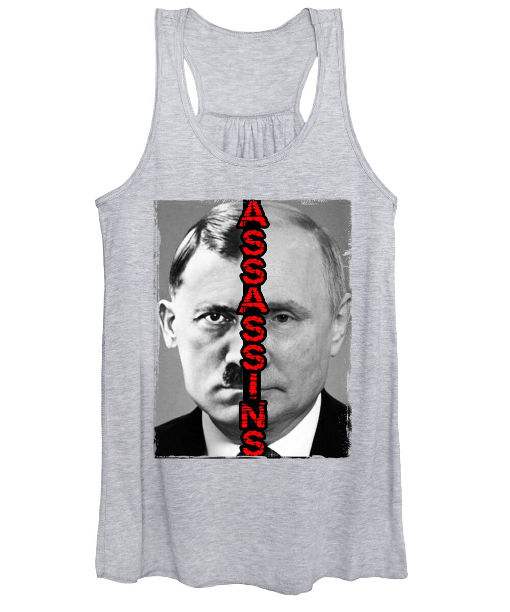 Women's light gray graphic tank top with sleeveless scoop neck and front photo print