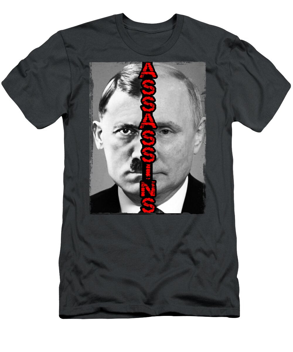Charcoal gray T-shirt with front portrait and vertical red-and-black text graphic