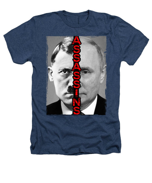 Heathers T-shirt (heather navy) with front portrait graphic and red vertical text