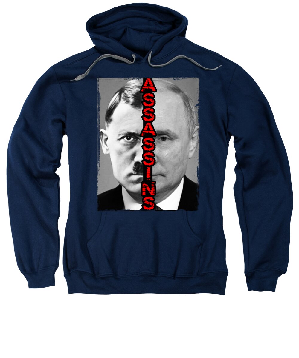 Navy pullover hoodie sweatshirt with front graphic and kangaroo pocket.