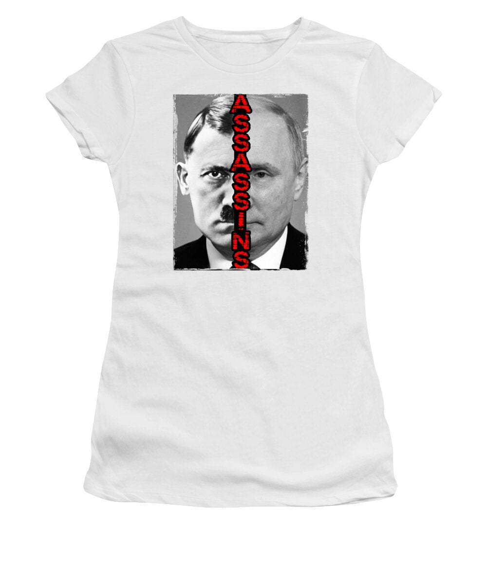 Women's white crewneck T-shirt with red/black portrait graphic print