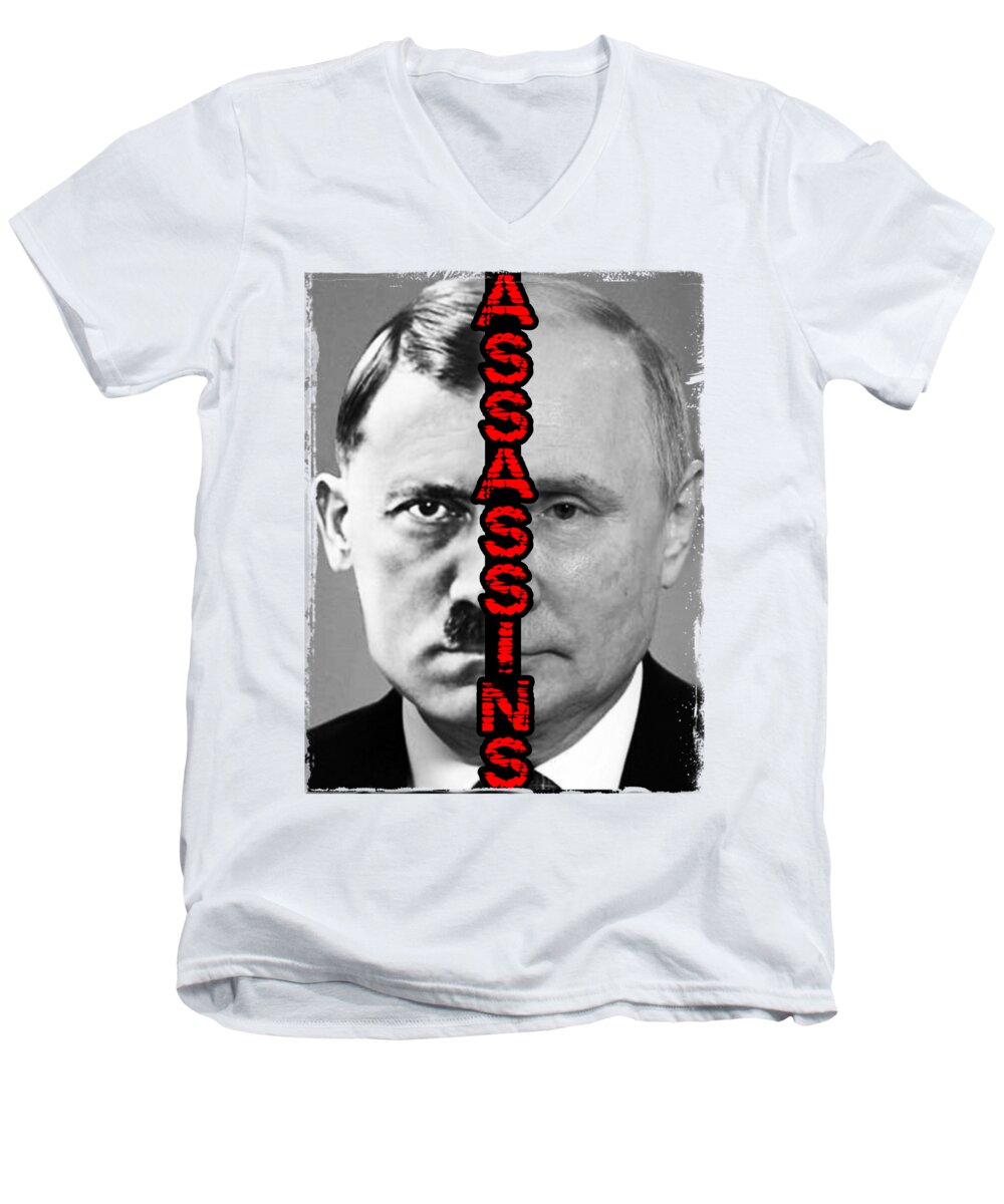 Men's V-neck T-shirt, white, portrait graphic with red vertical text