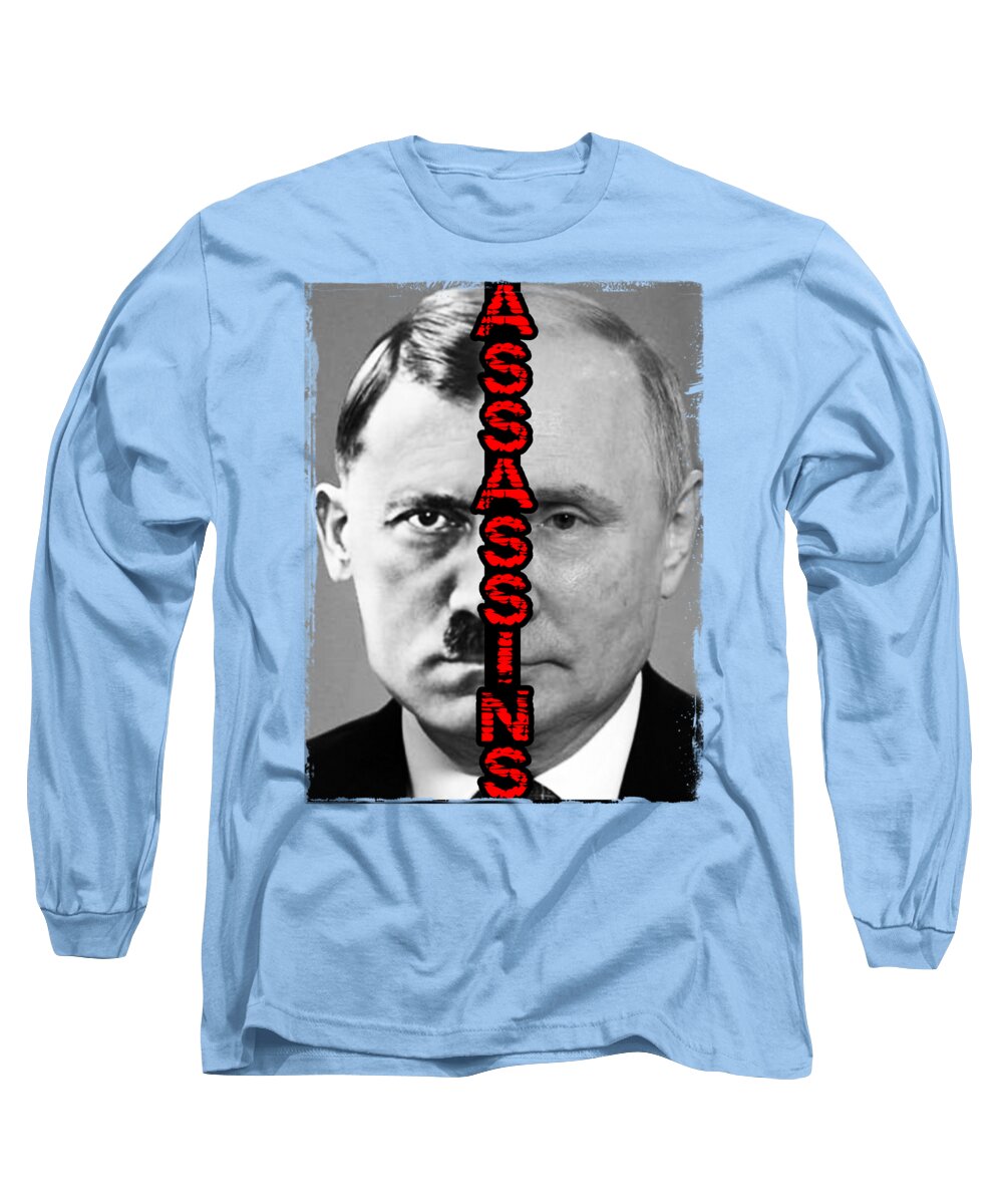 Light blue long-sleeve T-shirt with large square portrait graphic and red vertical text.