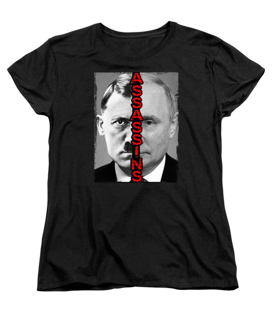 Women's graphic T-shirt, black, short sleeves, crew neck, front portrait with red vertical text