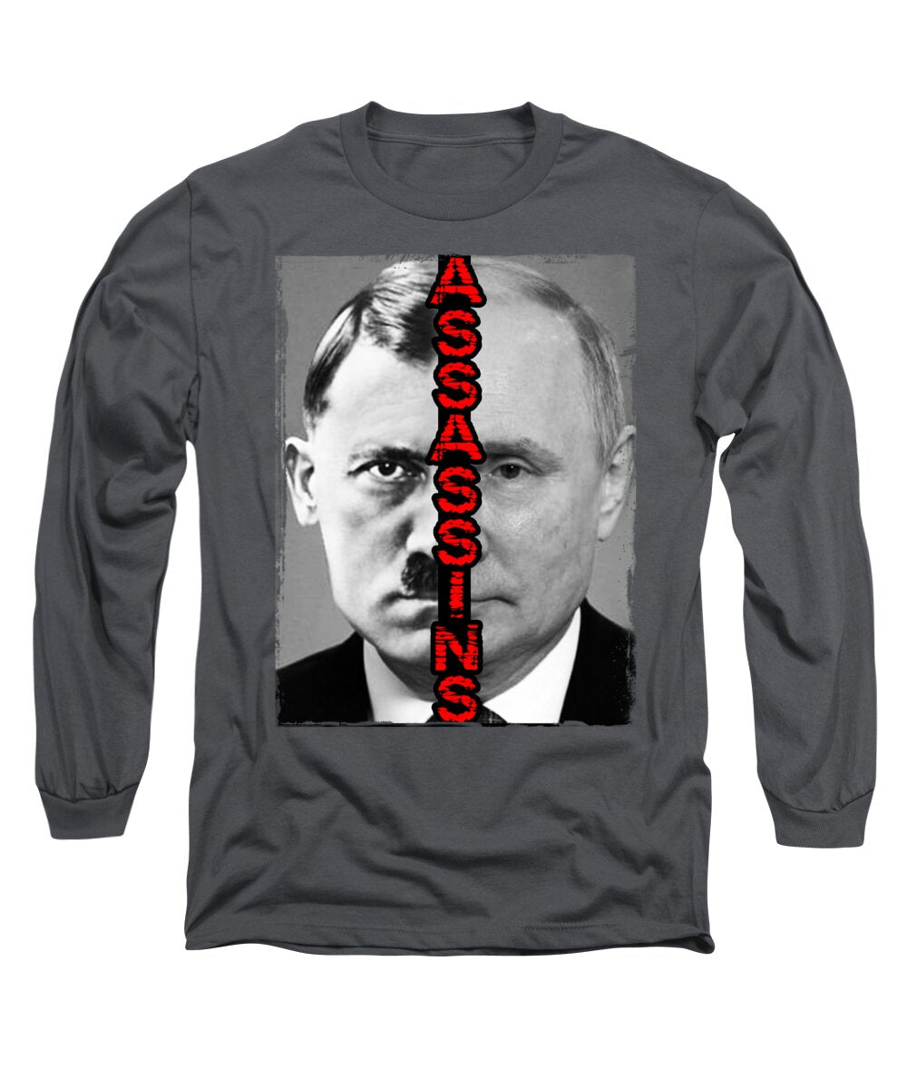 Charcoal long-sleeve T-shirt with large square portrait graphic and red vertical text.