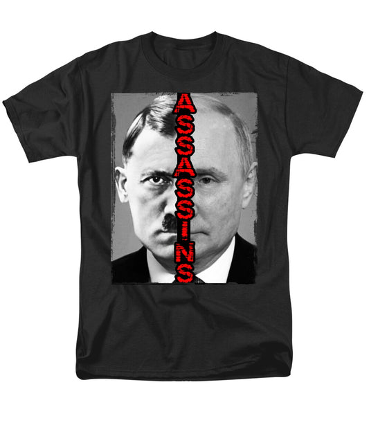 Men's graphic T-shirt, black with portrait and red vertical lettering