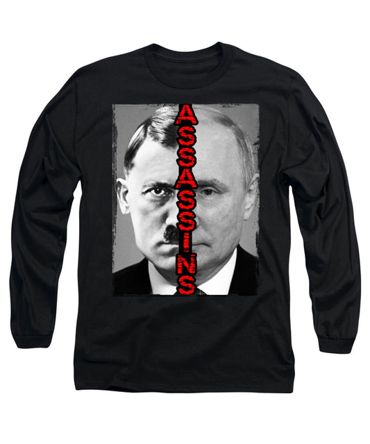 Black long-sleeve T-shirt with large square portrait graphic and red vertical text.