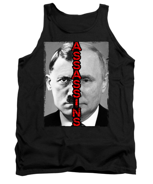 Assassins tank top, black sleeveless with large portrait graphic on front