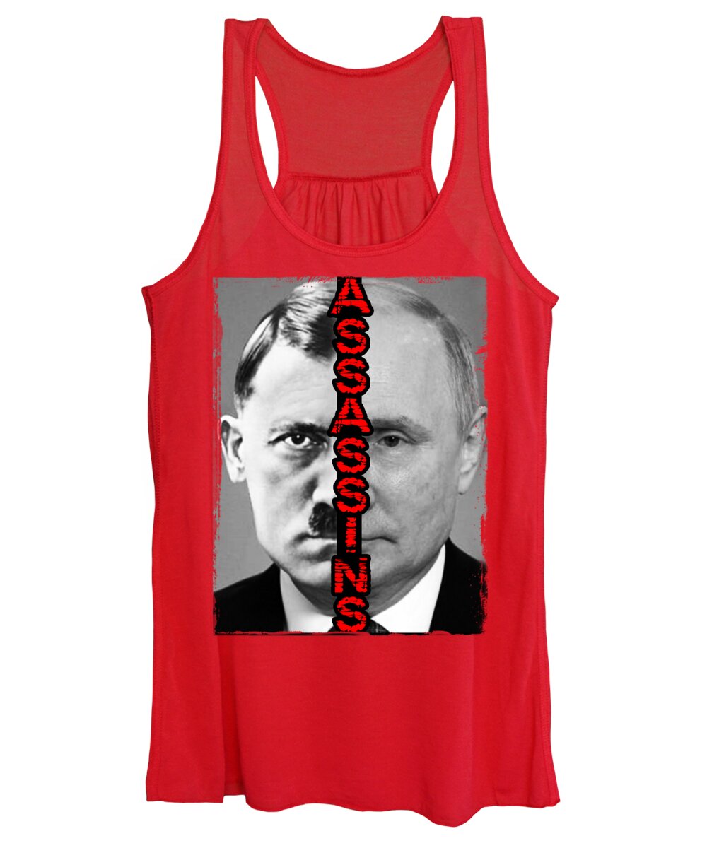 Women's red graphic tank top with sleeveless scoop neck and front photo print