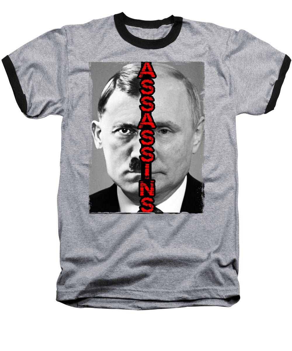 Heather gray baseball T-shirt with black raglan sleeves and front face graphic