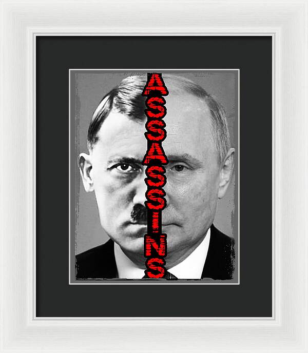 Framed print with monochrome portrait and red vertical text, white frame, dark mat