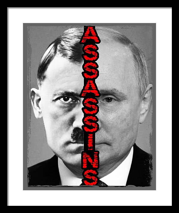 Framed portrait print with grayscale face, red vertical lettering, black frame with light mat