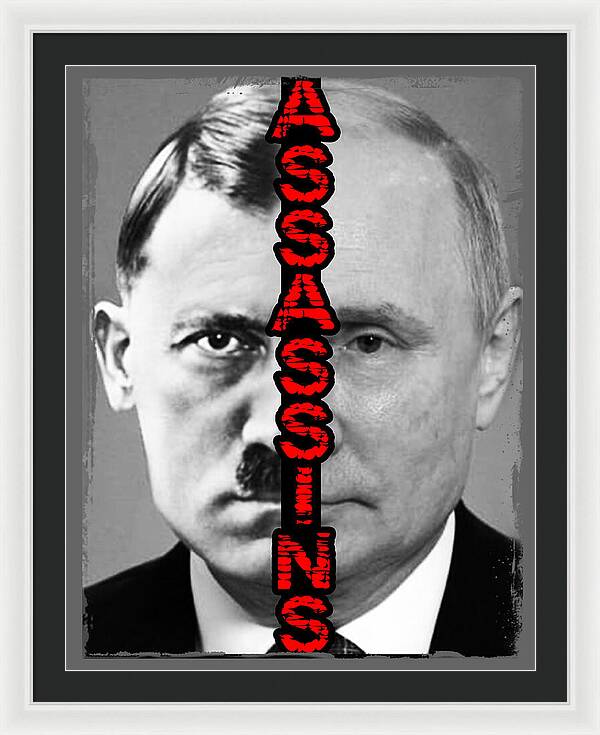 Framed black-and-white portrait print with red vertical lettering, black frame, white mat.
