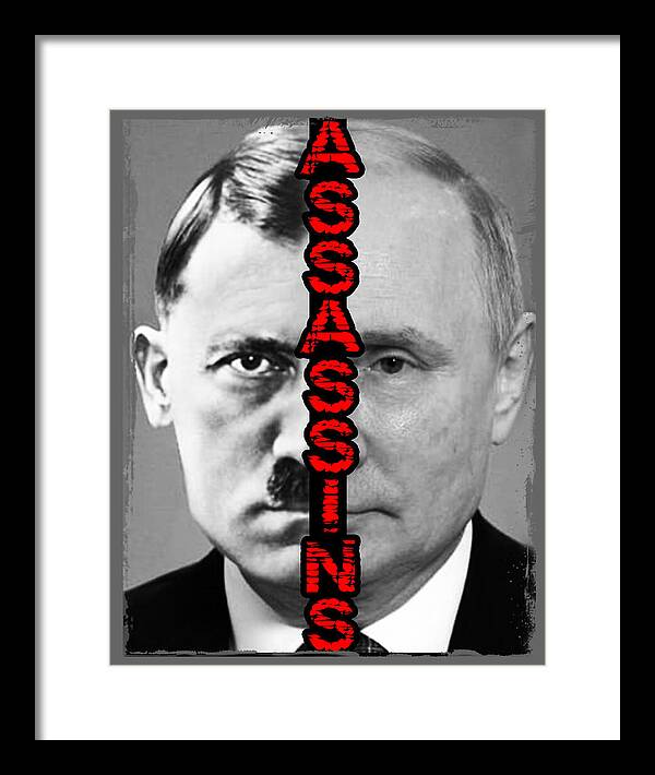 Framed print with monochrome portrait and red vertical text, black frame, white background
