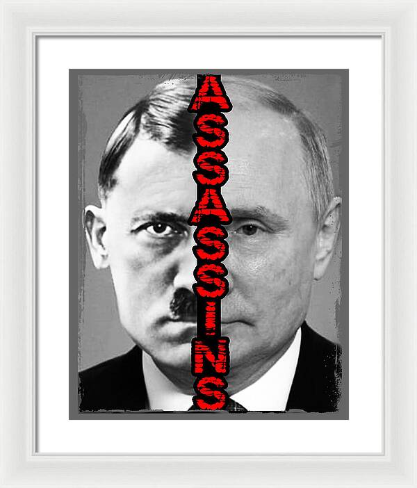 Framed portrait print with grayscale face, red vertical lettering, white frame and light mat