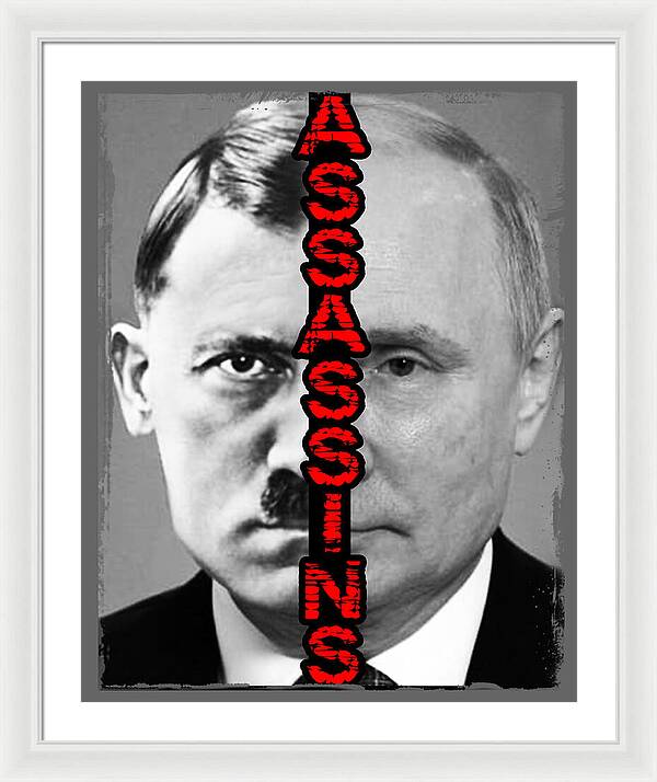 Framed portrait print of a man in a suit with red vertical text, white frame and mat