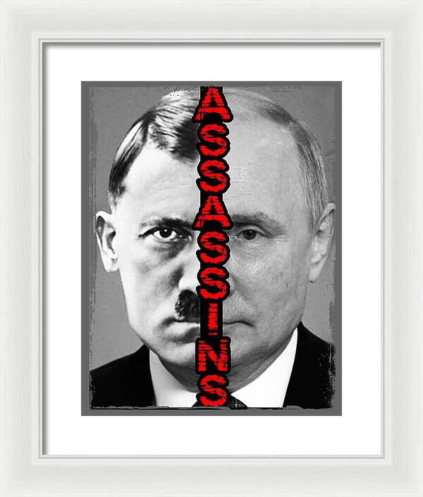 Framed portrait print with grayscale face, red vertical lettering, white frame and mat