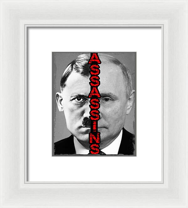 Framed black-and-white portrait print with red vertical lettering, white frame, light mat.