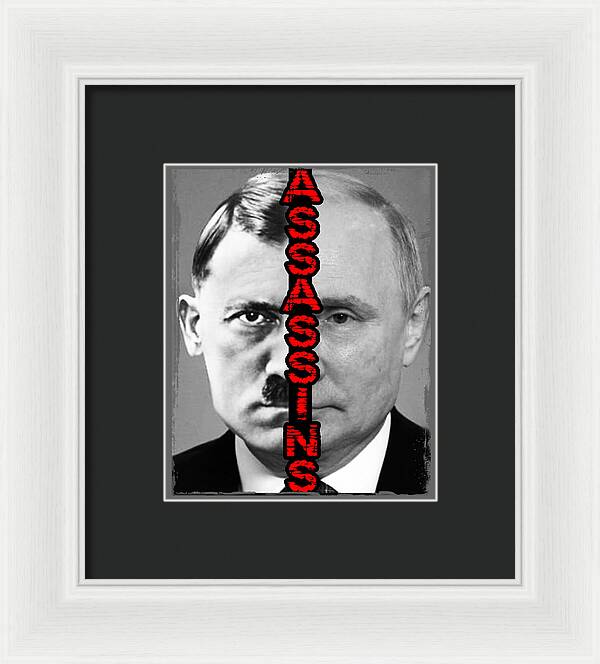 Framed black-and-white portrait print with red vertical lettering, white frame, dark mat.