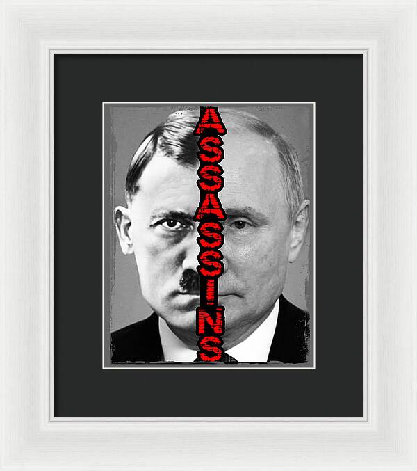 Framed print with monochrome portrait, red vertical text, white frame, dark mat