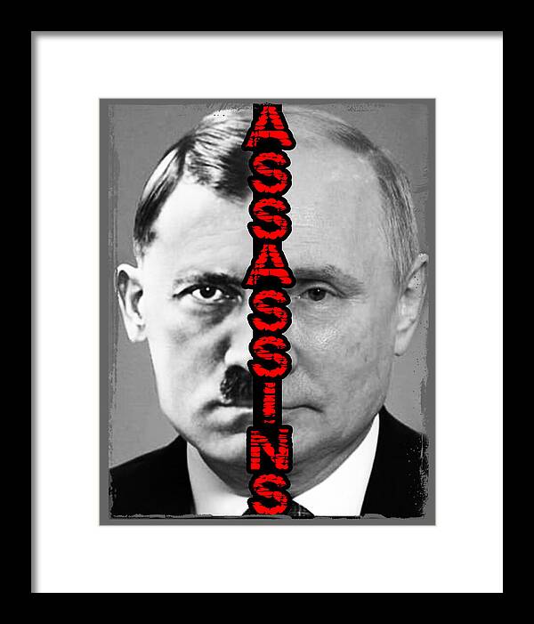 Framed print with monochrome portrait and red vertical text, black frame, white mat