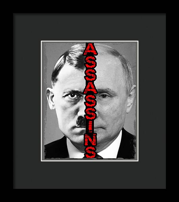Framed black-and-white portrait print with red vertical lettering, dark frame with gray mat.