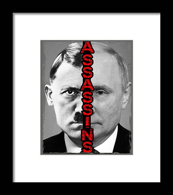 Framed black-and-white portrait print with red vertical lettering, white frame, white mat.