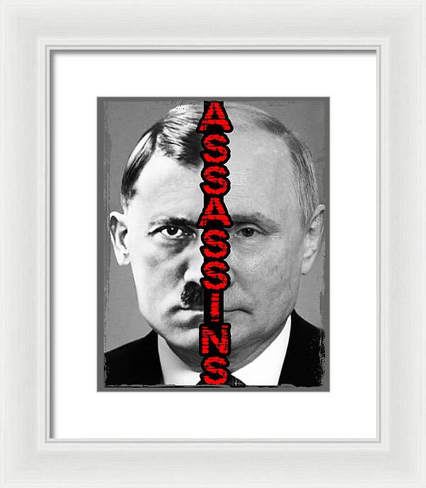 Framed print with monochrome portrait and red vertical text, white frame, light mat