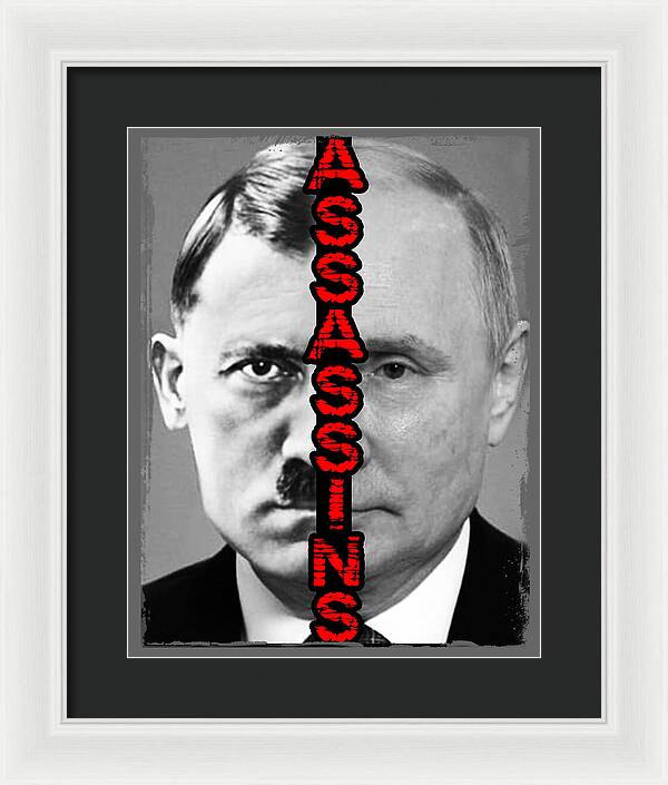 Framed portrait print with grayscale face, red vertical lettering, white frame with dark mat