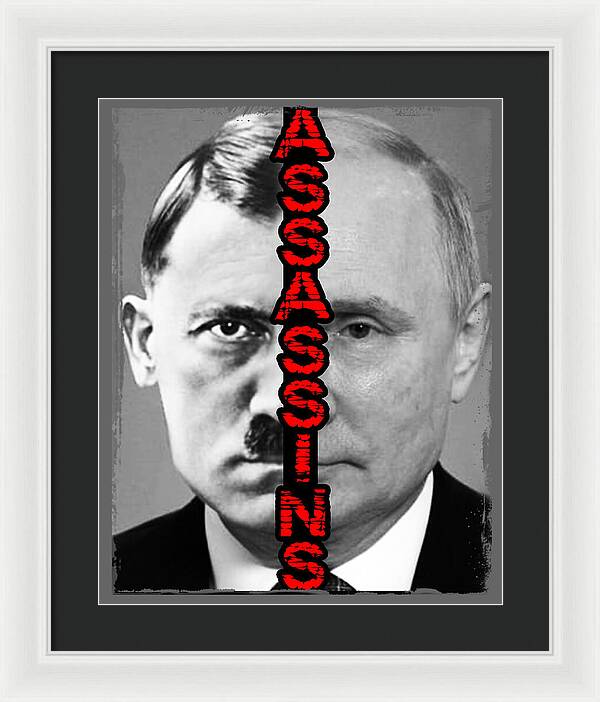 Framed portrait print with grayscale face, red vertical lettering, white frame with dark mat