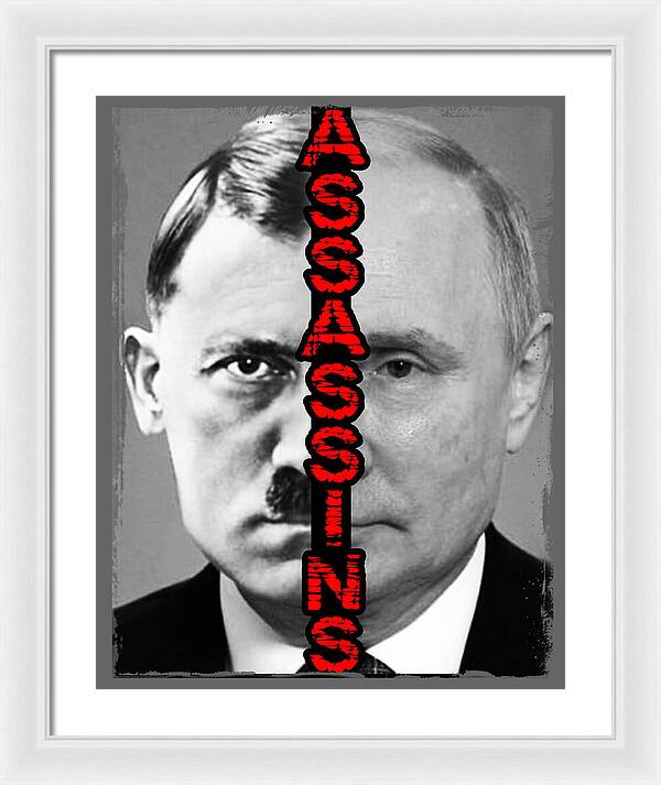 Framed portrait print of a man in a suit with red vertical text, white frame