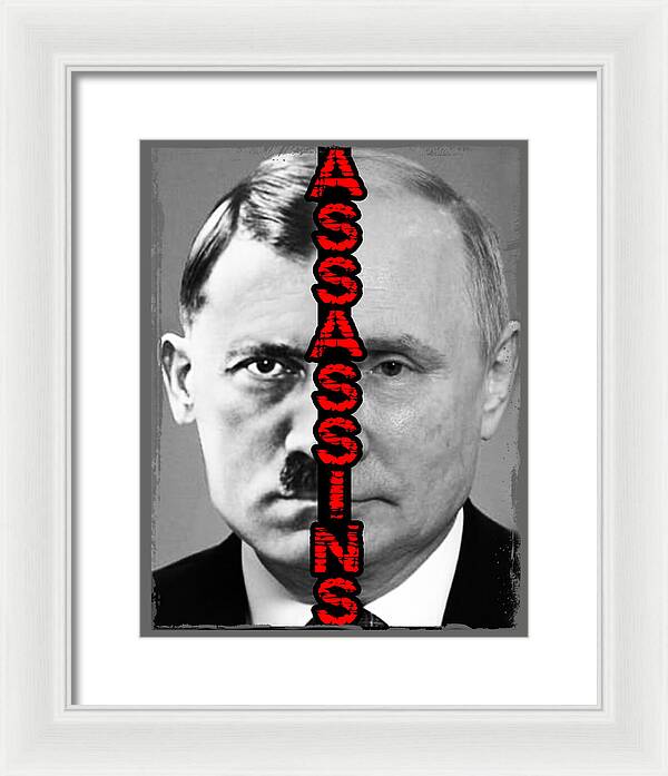 Framed print with monochrome portrait and red vertical text, white frame, light mat